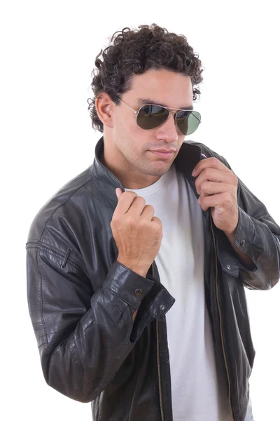 Man in a leather jacket with sunglasses — Stock Photo, Image