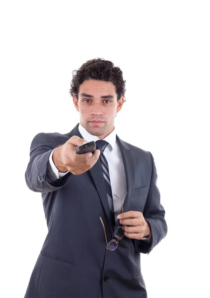 Man in pak kanaal met afstandsbediening wijzigen — Stockfoto