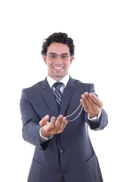 Man offers a silver necklace — Stock Photo, Image