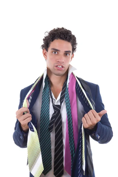 Undecided man with lot of ties around his neck — Stock Photo, Image