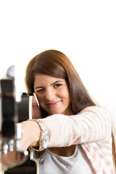 Girl pointing with a guitar — Stock Photo, Image