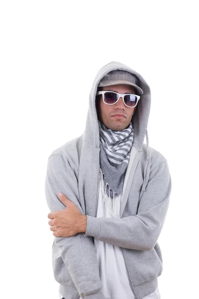 Good looking cool gangster in sweatshirt with hood wearing sungl — Stock Photo, Image