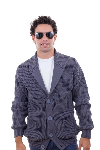 Handsome fashion man in sweater wearing sunglasses — Stock Photo, Image