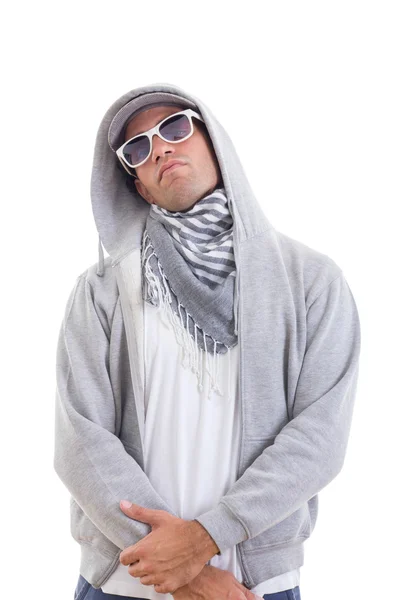 Muž, pohledný móda v pohodě postavení trati oblek s kapucí a s — Stock fotografie