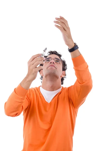 Man electrician placing light bulb — Stock Photo, Image