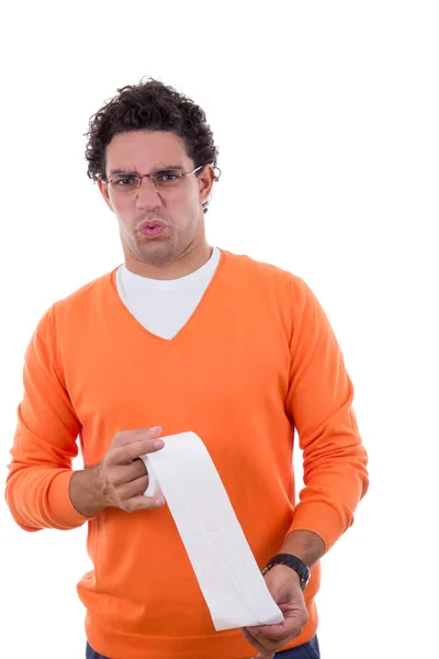 Mann som holder toalettpapir med mageknip – stockfoto