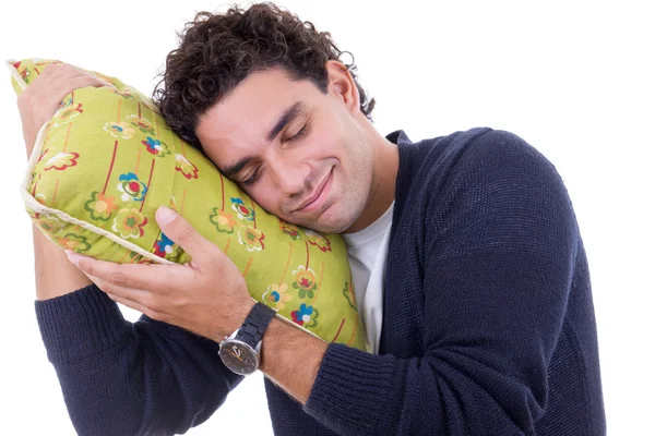 Man with a pillow dreaming while and resting peacefully with ser — Stock Photo, Image