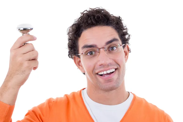 Man with idea holding light bulb wearing glasses — Stock Photo, Image