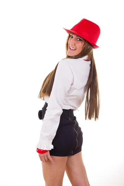 Modern woman in skirt and shirt wearing red hat and necklace — Stock Photo, Image