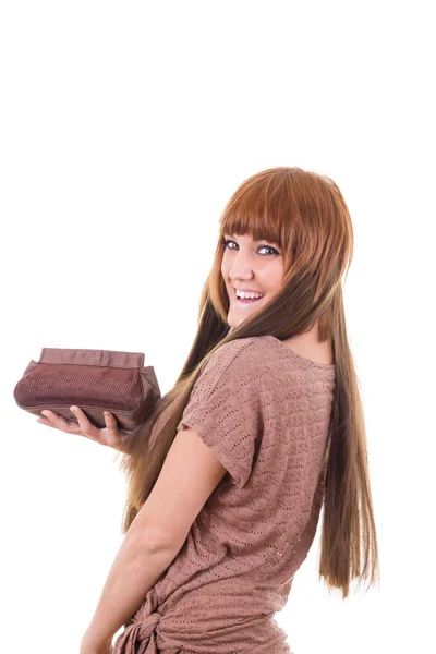 Симпатичная девушка с чемоданом тщеславия — стоковое фото