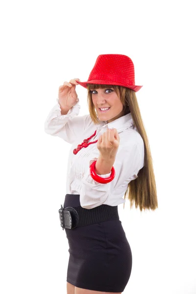 Mooi meisje met de rode hoed belt u om te komen — Stockfoto