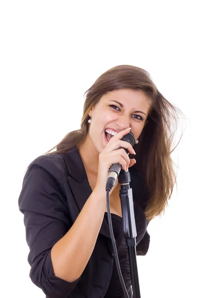 Attractive woman screaming on microphone singing — Stock Photo, Image