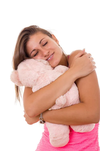 Beautiful girl hugging teddy bear — Stock Photo, Image