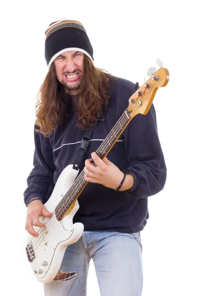 Agresywny mężczyzna muzyk gra gitara basowa — Zdjęcie stockowe