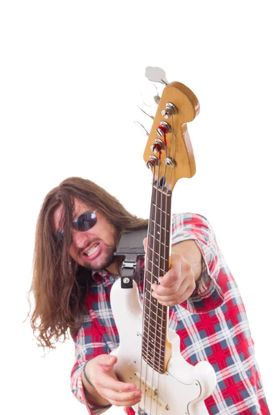 Zenész játszik elektromos basszusgitár arc kifejezése — Stock Fotó