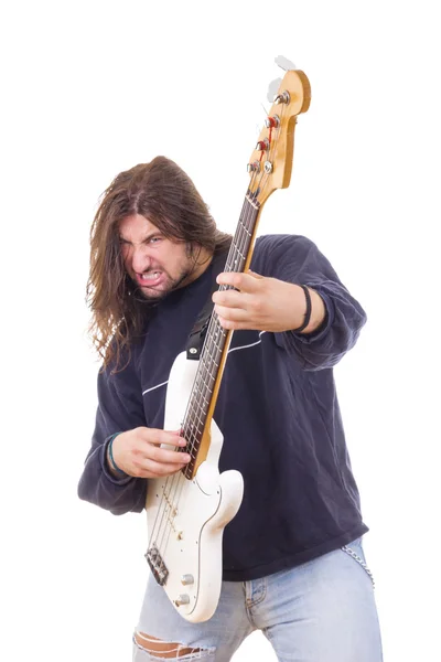 Rock musician playing electric bass guitar — Stock Photo, Image