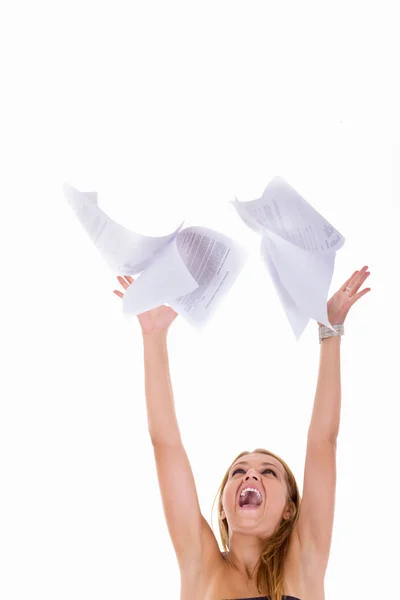 Girl throwing papers in the air — Stock Photo, Image