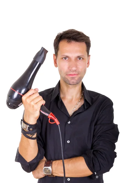 Male barber with hair dryer — Stock Photo, Image