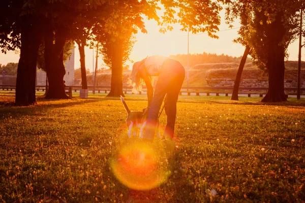 Kvinna leker med hennes hund i parken vid solnedgången — Stockfoto