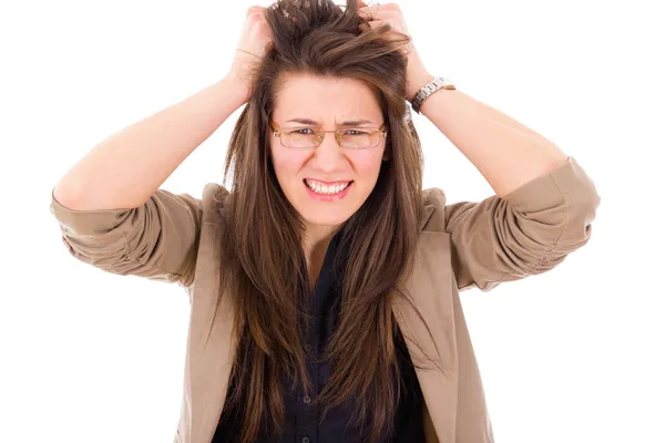 Sfrustrowana kobieta w stres wyciągając włosy — Zdjęcie stockowe