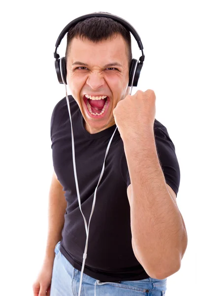 Hadsome man with headphones showing success — Stock Photo, Image