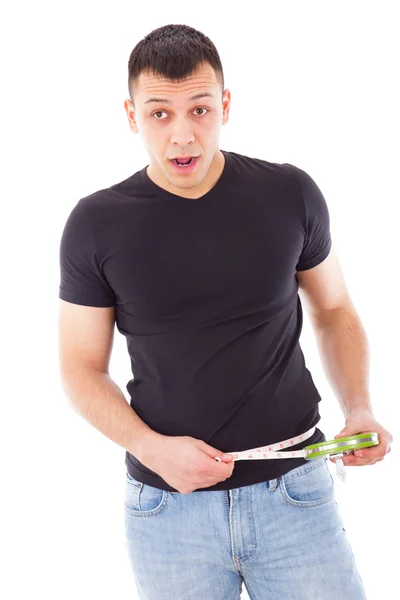 Hombre con cinta métrica alrededor de su cintura — Foto de Stock