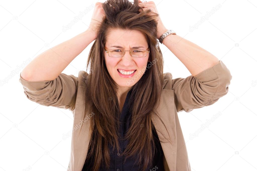 frustrated woman in stress pulling hair