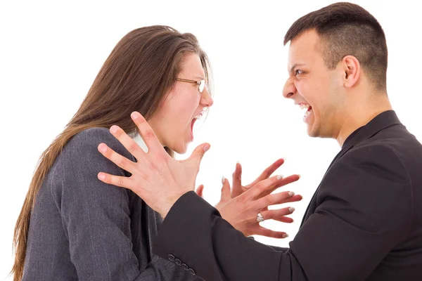 Angry couple fighting wanting to strange each other — Stock Photo, Image