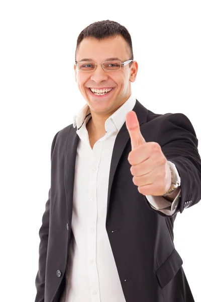 Confident businessman with glasses showing thumbs up — Stock Photo, Image