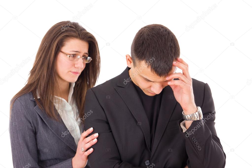 supporting woman consoling sad man