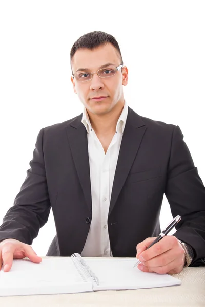 Guapo profesor de escritura en cuaderno — Foto de Stock