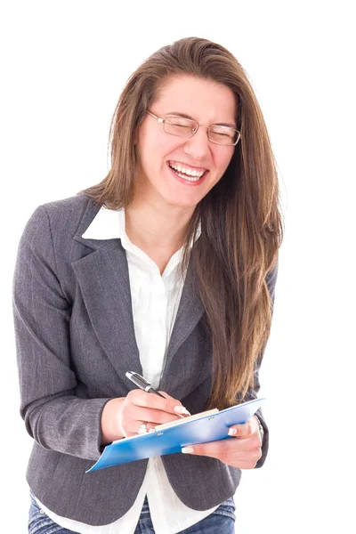 Glad student tjej med anteckningsboken leende — Stockfoto