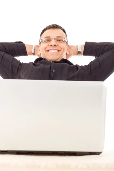 Satisfied man with job over internet — Stock Photo, Image