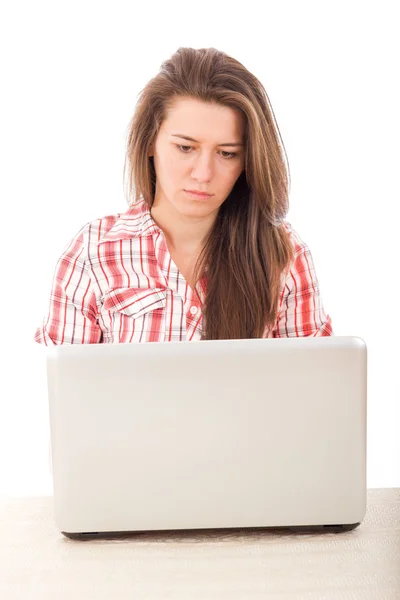 Woman in a red shirt with laptop — Stock Photo, Image