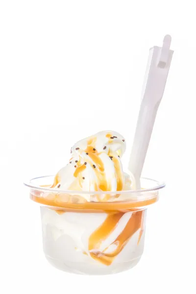 Vanilla ice cream with caramel topping — Stock Photo, Image