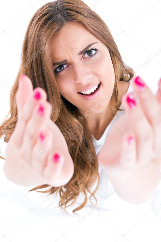 beautiful woman calling come here and stretch out hands