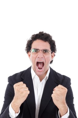 adam bir takım elbise holding sıkılı yumruk ve başarı gösteren işareti