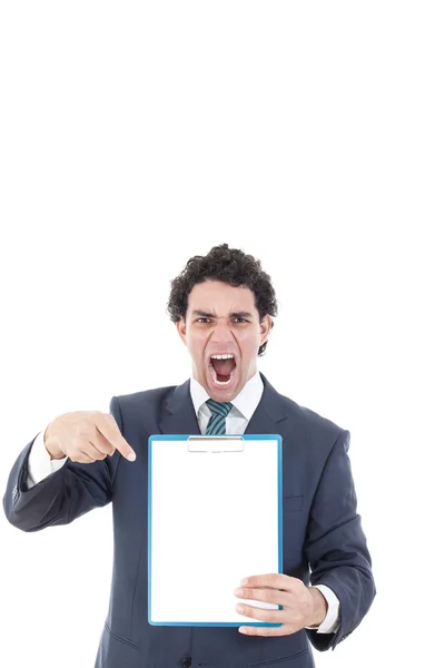 Angry adult businessman holding a white board — Stock Photo, Image