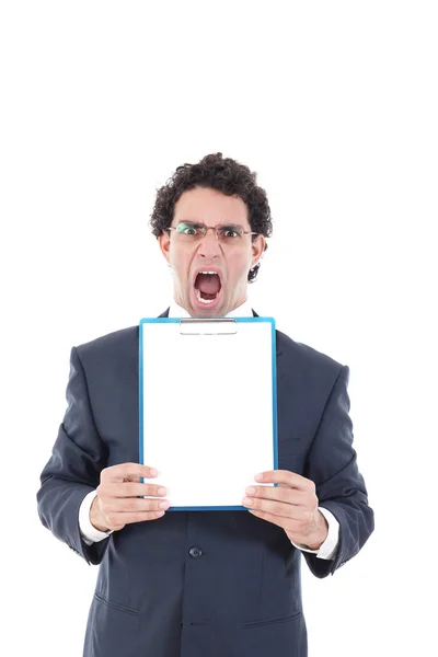 Vztek a šokován podnikatel drží bílou tabuli — Stock fotografie