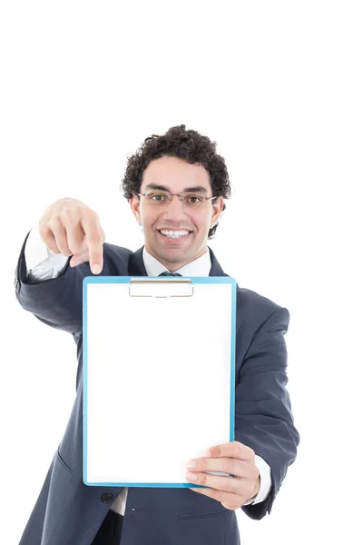 Empresário segurando uma placa branca, isolado em fundo branco — Fotografia de Stock