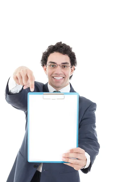 Businessman holding a white board, isolated on white background Stock Image