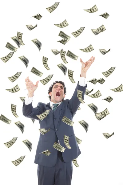 Business man catching falling dollars banknotes and screaming — Stock Photo, Image