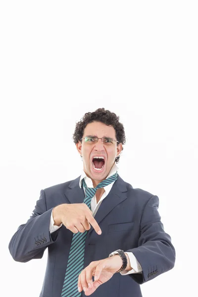 Expressive angry businessman with galsses late for work — Stock Photo, Image