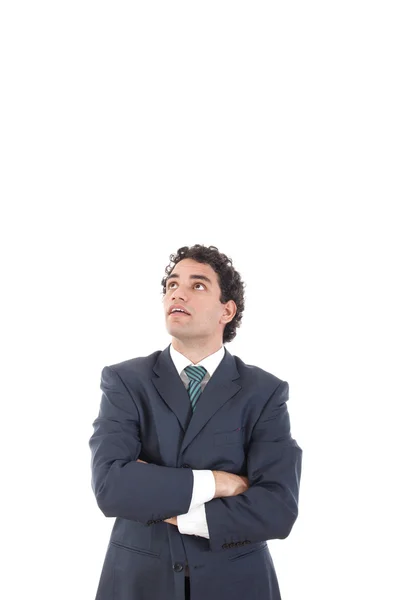 Handsome pensive businessman looking up surprisingly with astoni — Stock Photo, Image