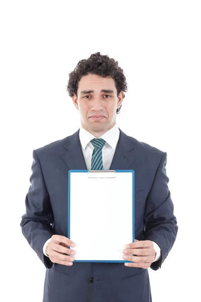 Hombre sosteniendo la tarjeta blanca en blanco con espacio para el texto — Foto de Stock