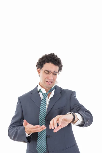 Portrait d'un homme d'affaires triste expressif avec des galettes en retard pour — Photo