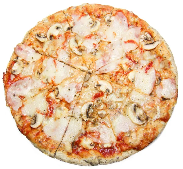 Pizza mit Pilzkäse und Schinken isoliert auf weißem Hintergrund — Stockfoto