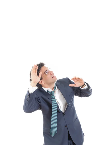 Frightened business man looking up, fear of somethnig — Stock Photo, Image