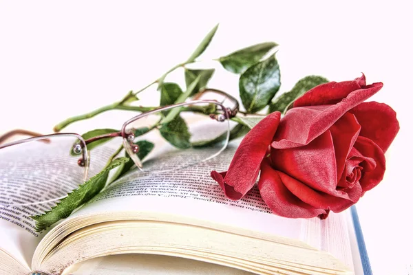 书和戴着眼镜在书页上的红玫瑰 — 图库照片