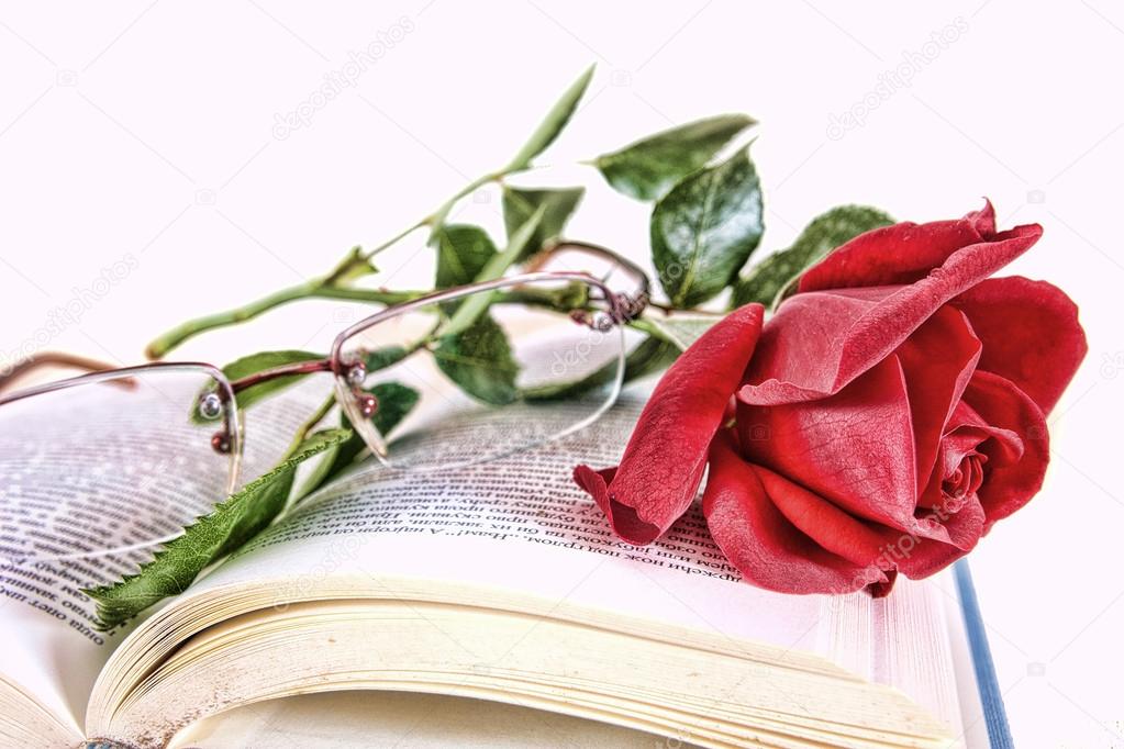 book and red rose with glasses on pages of book